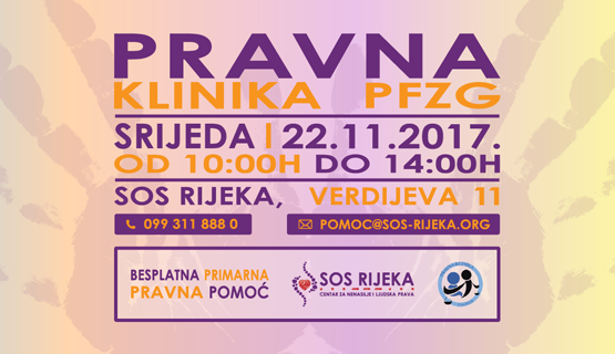 U studenom 2017. godine SOS Rijeka – centar za nenasilje i ljudska prava nastavlja uspješnu suradnju s Pravnom klinikom Pravnog fakulteta u Zagrebu, koja pruža primarnu besplatnu pravnu pomoć u svim pravnim područjima i svim građanima u potrebi.