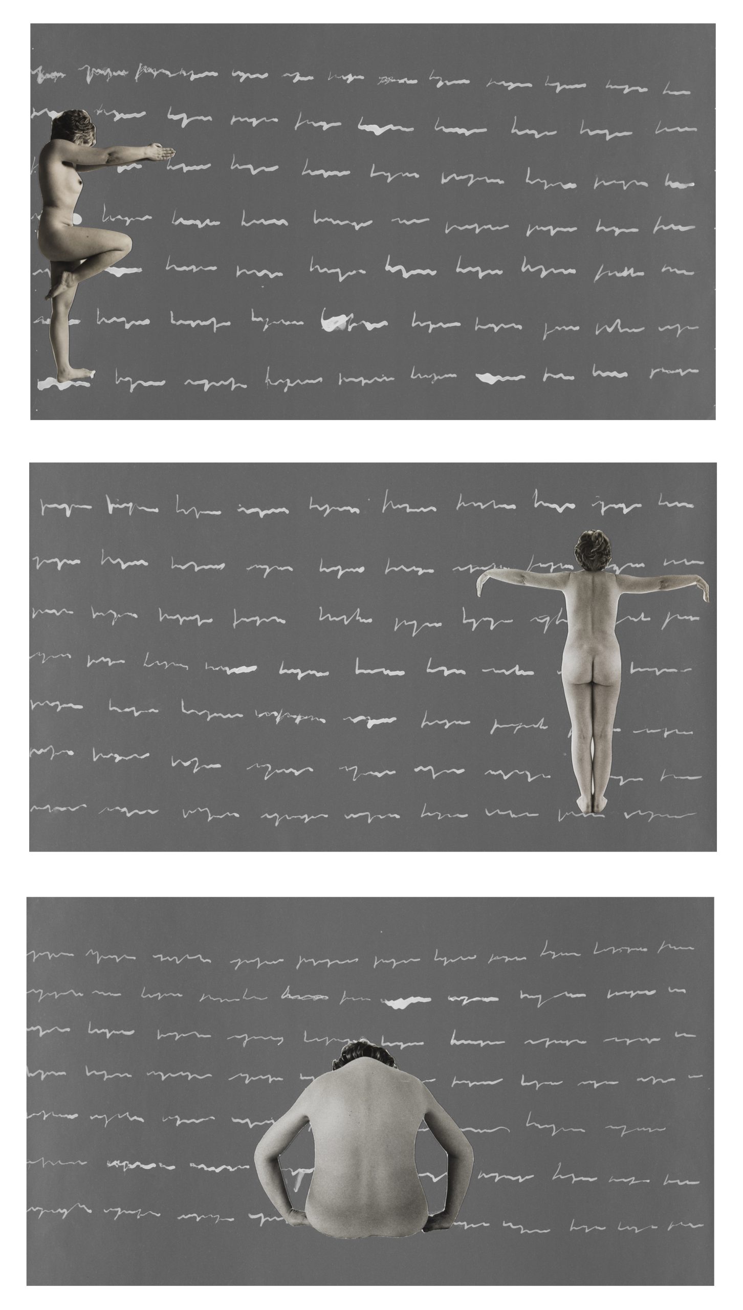 Tomaso Binga, F,T,O, 1977, collage e scrittura desemantizzata su cartoncino, 3 elementi, 20 x 35 cm cad.